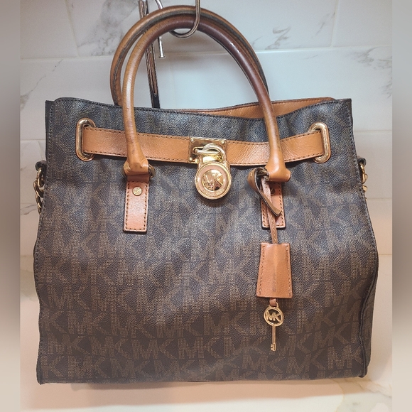 Michael Kors Hamilton Signature Monogram Jet Set Chain Shoulder Bag Brown REHAB - Picture 2 of 12
